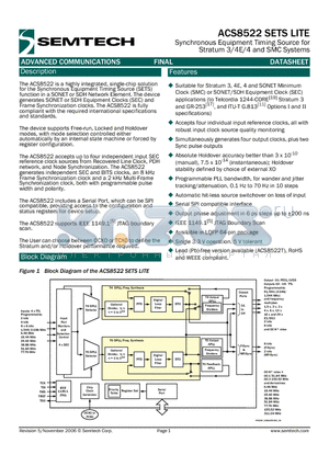 ACS8522T datasheet - Synchronous Equipment Timing Source for Stratum 3/4E/4 and SMC Systems