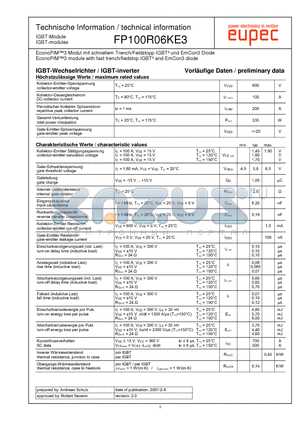 FP100R06KE3 datasheet - EconoPIM3 module with fast trench/fiedstop IGBT and EmCon3 diode