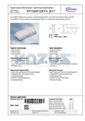 FP100R12KT4_B11 datasheet - EconoPIM3 module with fast Trench/Fieldstop IGBT4 and Emitter Controlled 4 diode and NTC