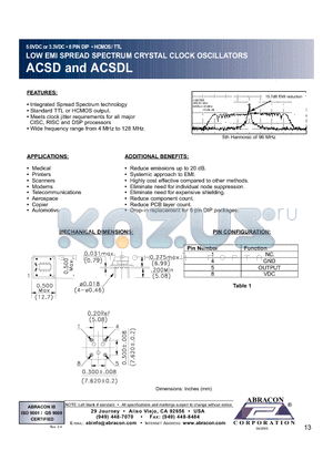 ACSDL datasheet - 5.0VDC or 3.3VDC 8 PIN DIP HCMOS/ TTL LOW EMI SPREAD SPECTRUM CRYSTAL CLOCK OSCILLATORS