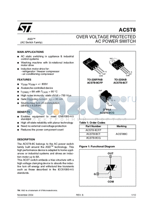 ACST8-8CG datasheet - OVER VOLTAGE PROTECTED AC POWER SWITCH