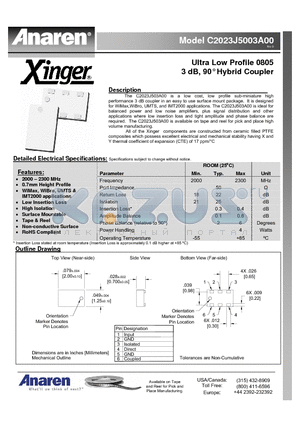 C2023J5003A00 datasheet - Ultra Low Profile 0805 3 dB, 90` Hybrid Coupler