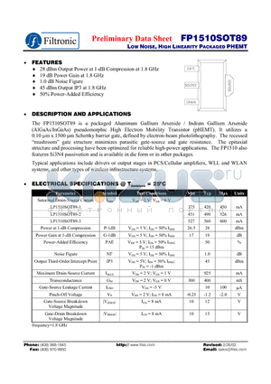 FP1510SOT89 datasheet - LOW NOISE, HIGH LINEARITY PACKAGED PHEMT