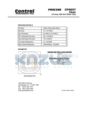 CPQ057 datasheet - TRIAC 2.0 Amp, 600 Volt TRIAC Chip