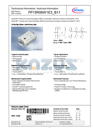 FP15R06W1E3_B11 datasheet - EasyPIM module with Trench/Fieldstopp IGBT3 and Emitter Controlled 3 diode and PressFIT / NTC