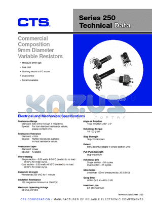 250U15L102A1CA datasheet - Commercial Composition 9mm Diameter Variable Resistors