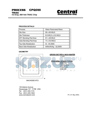 CPQ090 datasheet - TRIAC 4.0 Amp, 600 Volt TRIAC Chip