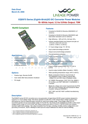 EQD075A4 datasheet - 18-60Vdc Input; 3.3 to 5.0Vdc Output; 75W