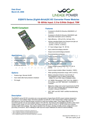EQD075A41Z datasheet - 18-60Vdc Input; 3.3 to 5.0Vdc Output; 75W