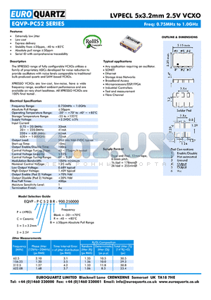 EQVP-PC52 datasheet - LVPECL 5x3.2mm 2.5V VCXO