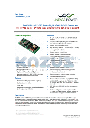 EQW012A0A1-SZ datasheet - 36 - 75Vdc Input; 1.2Vdc to 5Vdc Output; 12A to 25A Output