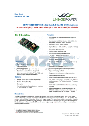 EQW025A0Y1 datasheet - 36 - 75Vdc Input; 1.2Vdc to 5Vdc Output; 12A to 25A Output