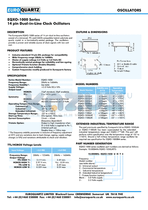 EQXO-1000 datasheet - 14 pin Dual-in-Line Clock Ocillators