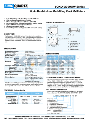 EQXO-2025UC-GW datasheet - 8 pin Dual-in-Line Gull-Wing Clock Ocillators