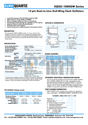 EQXO-1000GW datasheet - 14 pin Dual-in-Line Gull-Wing Clock Ocillators