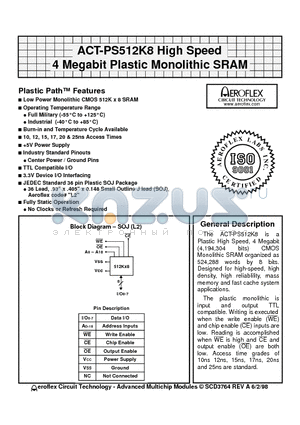 ACT-9S512K8W-012L2I datasheet - ACT-PS512K8 High Speed 4 Megabit Plastic Monolithic SRAM