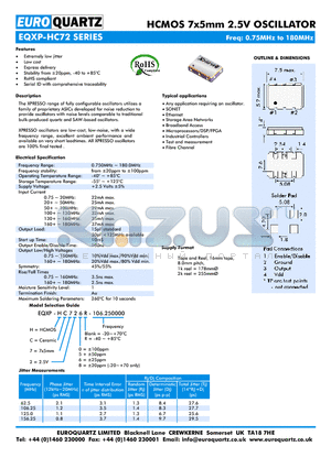 EQXP-HC726-106.250000 datasheet - HCMOS 7x5mm 2.5V OSCILLATOR