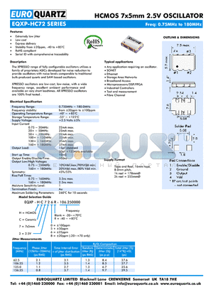 EQXP-HC726R-106.250000 datasheet - HCMOS 7x5mm 2.5V OSCILLATOR