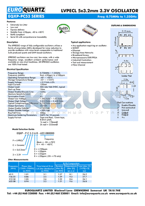 EQXP-PC53 datasheet - LVPECL 5x3.2mm 3.3V OSCILLATOR