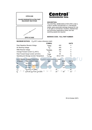 CPR1U-040 datasheet - GLASS PASSIVATED ULTRA FAST RECOVERY RECTIFIER
