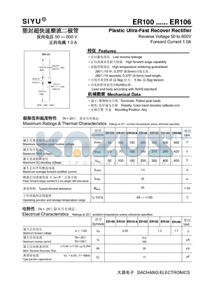 ER100 datasheet - Plastic Ultra-Fast Recover Rectifier Reverse Voltage 50 to 600V Forward Current 1.0A