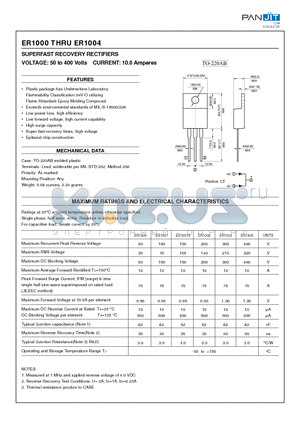 ER1000 datasheet - SUPERFAST RECOVERY RECTIFIERS(VOLTAGE: 50 to 400 Volts CURRENT: 10.0 Amperes)