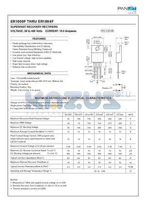 ER1000F datasheet - SUPERFAST RECOVERY RECTIFIERS(VOLTAGE: 50 to 400 Volts CURRENT: 10.0 Amperes)