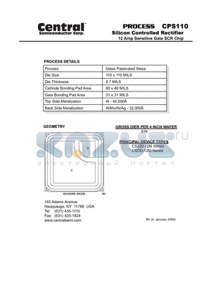 CPS110 datasheet - Silicon Controlled Rectifier 12 Amp Sensitive Gate SCR Chip