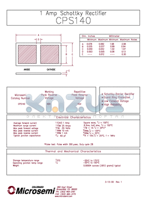 CPS140 datasheet - 1 Amp Schottky Rectifier
