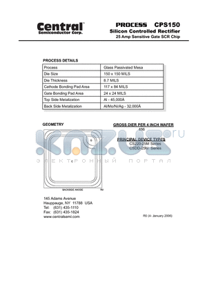 CPS150 datasheet - Silicon Controlled Rectifier 25 Amp Sensitive Gate SCR Chip