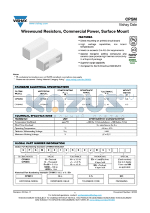 CPSM03 datasheet - Wirewound Resistors, Commercial Power, Surface Mount