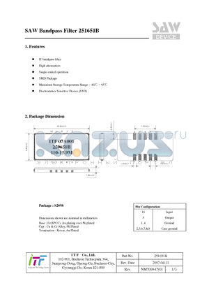 251651B datasheet - SAW Bandpass Filter