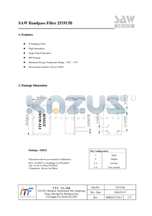 251913B datasheet - SAW Bandpass Filter