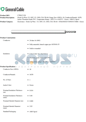 C2064.21.06 datasheet - Hook-Up Wire, UL 1007, UL 1569, CSA TR-64, Gauge Size (AWG): 18, Conductor/Strands: 16/30