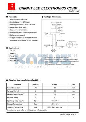 BL-SX1132 datasheet - GaP/GaP Hi-Eff Green Low power consumption.