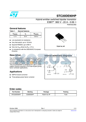 C20DE90HP datasheet - Hybrid emitter switched bipolar transistor ESBT 900V - 20A - 0.06 ohm