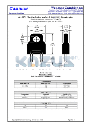 461-2871 datasheet - Shorting Links, insulated, .040 (1,02) diameter pins