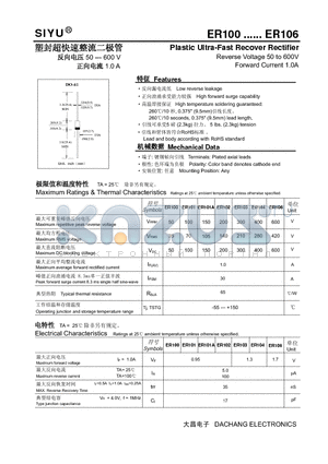 ER101 datasheet - Plastic Ultra-Fast Recover Rectifier Reverse Voltage 50 to 600V Forward Current 1.0A