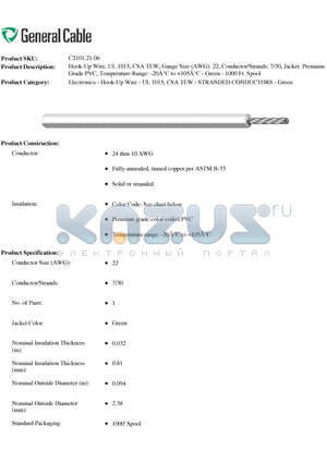C2101.21.06 datasheet - Hook-Up Wire, UL 1015, CSA TEW, Gauge Size (AWG): 22, Conductor/Strands: 7/30