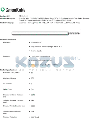 C2101.21.10 datasheet - Hook-Up Wire, UL 1015, CSA TEW, Gauge Size (AWG): 22, Conductor/Strands: 7/30