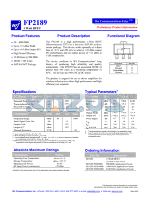 FP2189 datasheet - high performance 1-Watt HFET  (Heterostructure FET) in a low-cost SOT-89 surfacemount