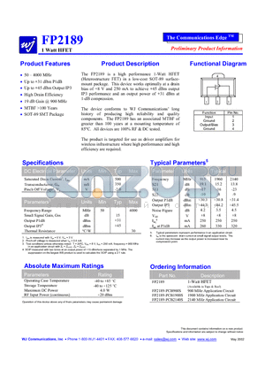 FP2189-PCB2140S datasheet - high performance 1-Watt HFET  (Heterostructure FET) in a low-cost SOT-89 surfacemount