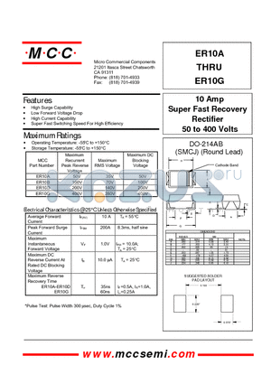 ER10D datasheet - 10 Amp Super Fast Recovery Rectifier 50 to 400 Volts