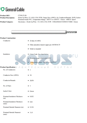 C21042106 datasheet - Hook-Up Wire, UL 1015, CSA TEW, Gauge Size (AWG): 16, Conductor/Strands: 26/30