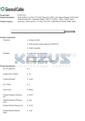 C21052101 datasheet - Hook-Up Wire, UL 1015, CSA TEW, Gauge Size (AWG): 14, Conductor/Strands: 41/30