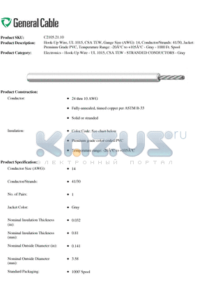 C21052110 datasheet - Hook-Up Wire, UL 1015, CSA TEW, Gauge Size (AWG): 14, Conductor/Strands: 41/30