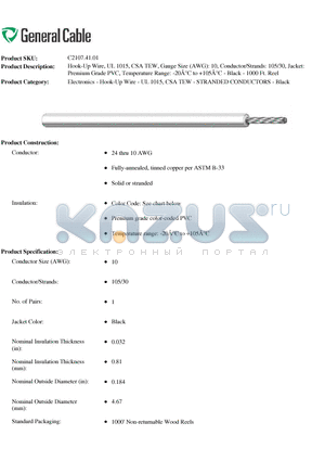 C2107.41.01 datasheet - Hook-Up Wire, UL 1015, CSA TEW, Gauge Size (AWG): 10, Conductor/Strands: 105/30