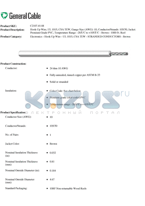 C2107.41.08 datasheet - Hook-Up Wire, UL 1015, CSA TEW, Gauge Size (AWG): 10, Conductor/Strands: 105/30