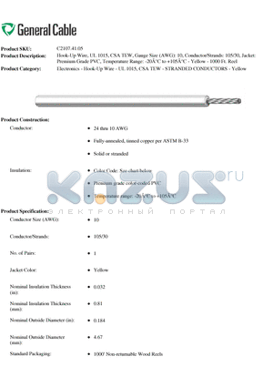 C21074105 datasheet - Hook-Up Wire, UL 1015, CSA TEW, Gauge Size (AWG): 10, Conductor/Strands: 105/30