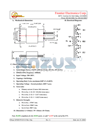 FP3225-01 datasheet - Total Output Power: 3325W (200Vdc/15Adc, 40V/8A, 20V/0.25A